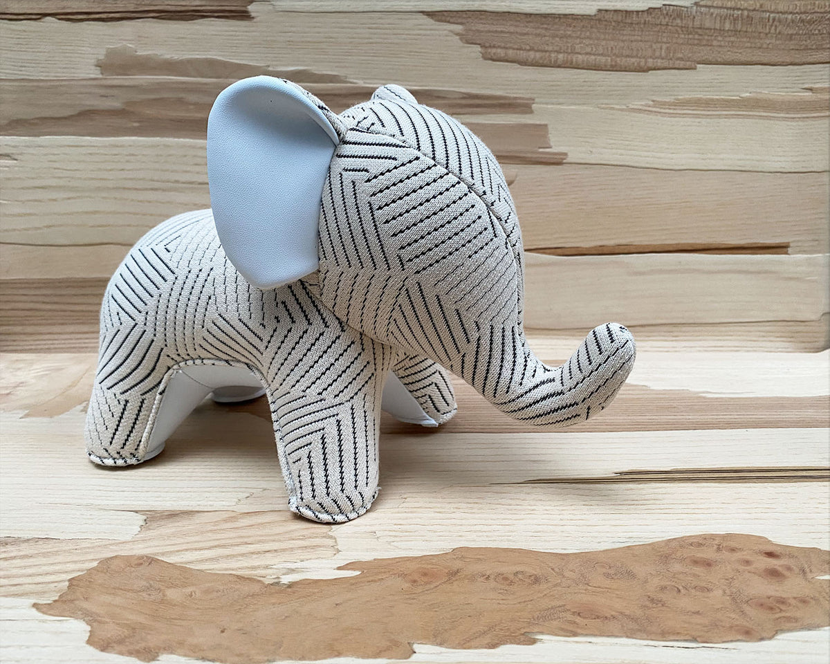 Zuny bookend elephant white with stripe pattern, three-quarter view