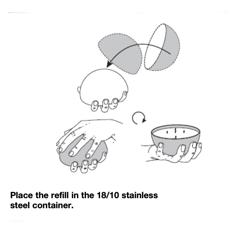 Instructietekening: losse kaars in stainless steel container plaatsen