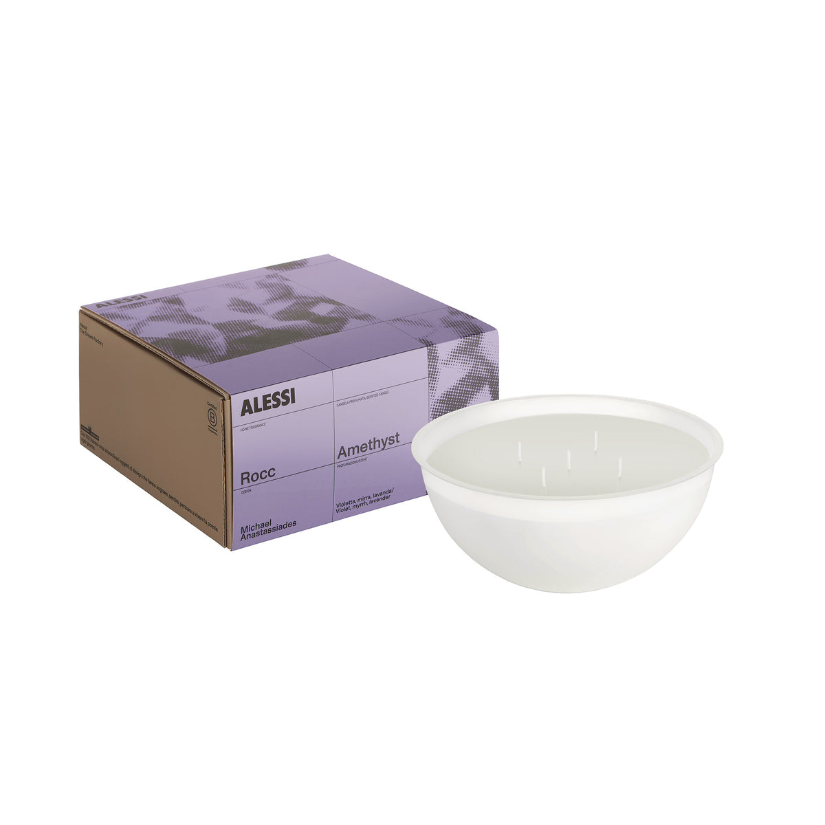 Alessi Rocc Amethyst losse geurkaars met verpakking, wit met vijf lonten