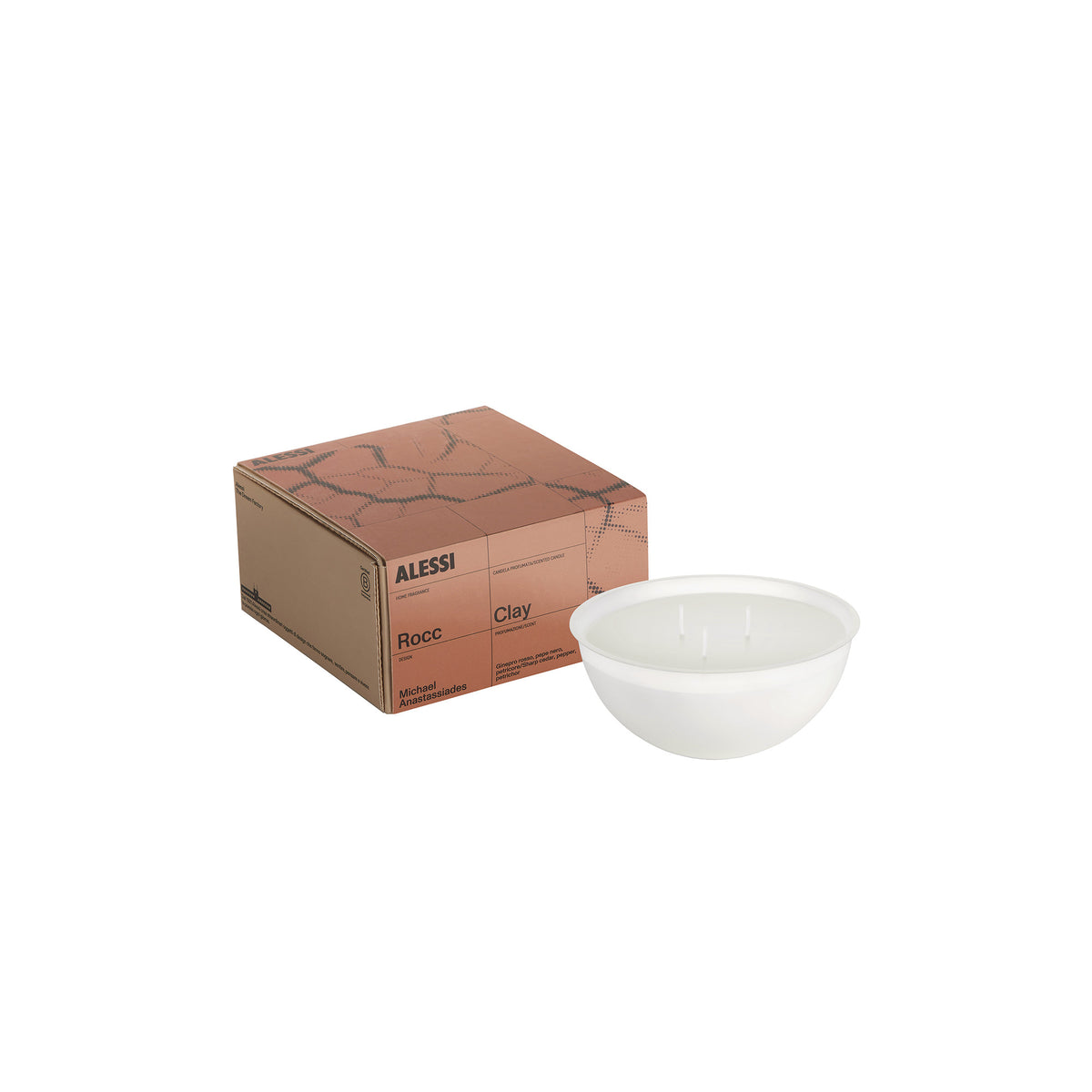 Alessi Rocc Clay losse geurkaars met drie lonten, naast verpakking