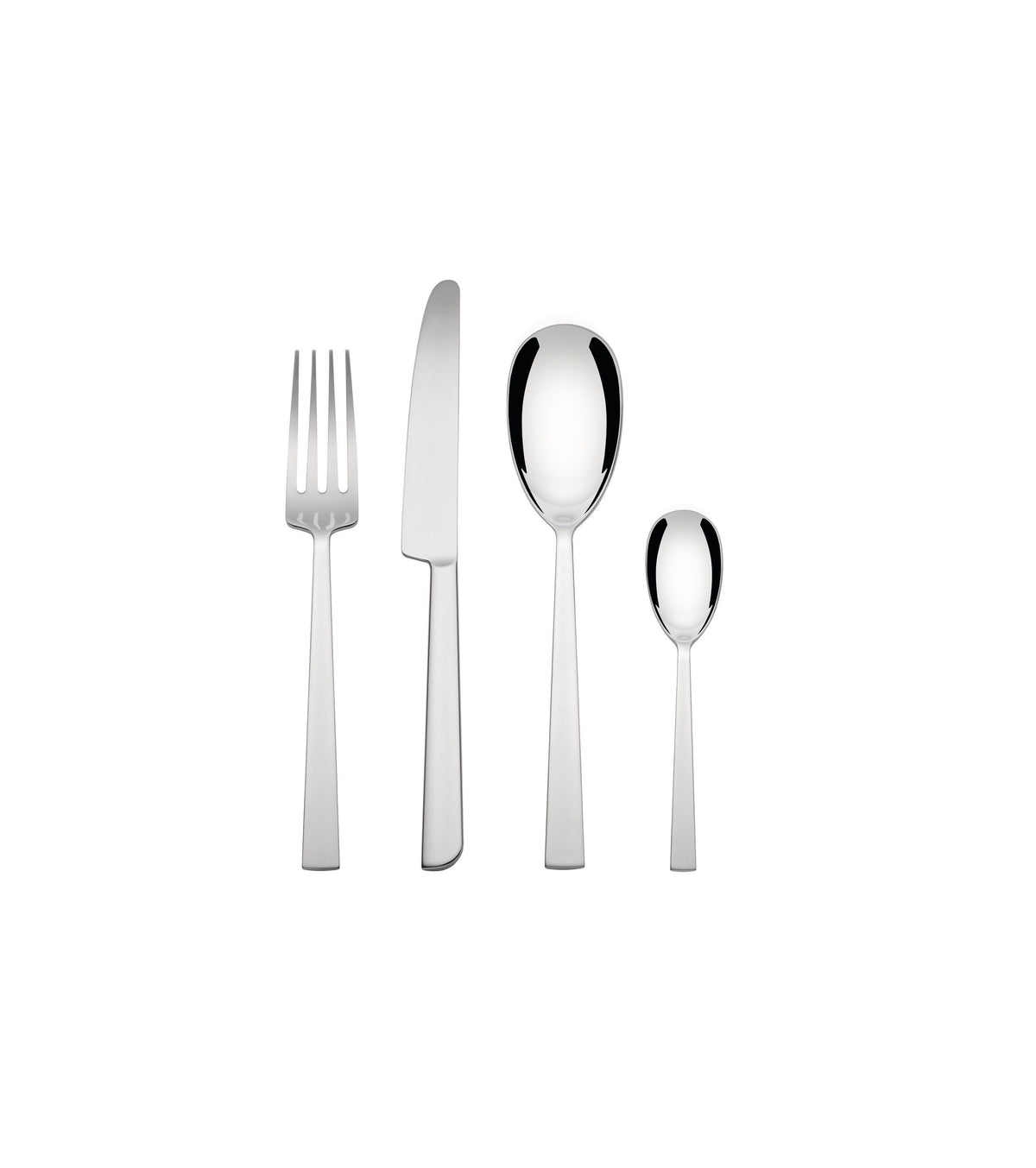 Alessi Asta tafelcouvert: vork, mes, lepel en koffielepel naast elkaar