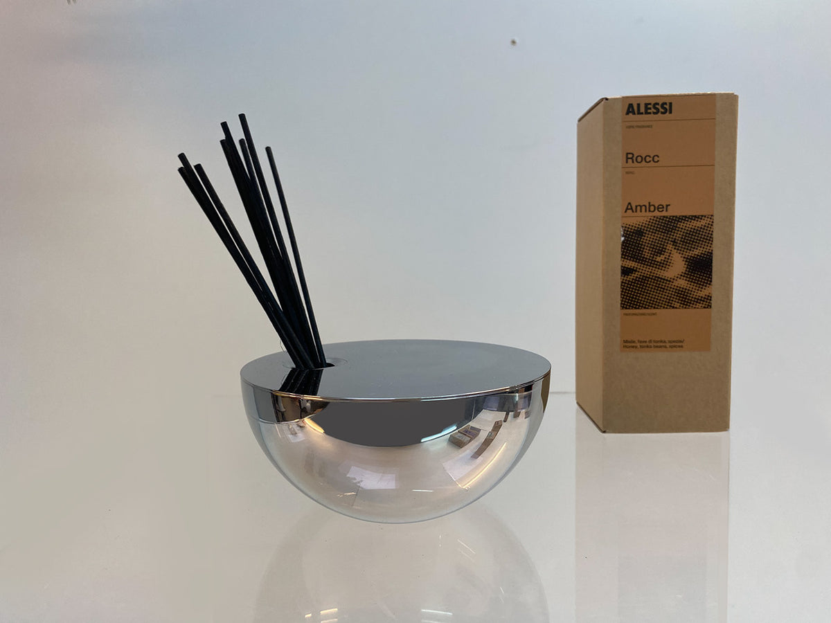 Alessi Rocc Diffuser Amber, rvs container met stokjes, met verpakking