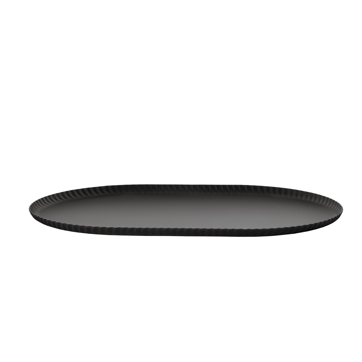 Alessi Pleats dienblad in halvemaan vorm en zwart, zijaanzicht met geplooide rand.