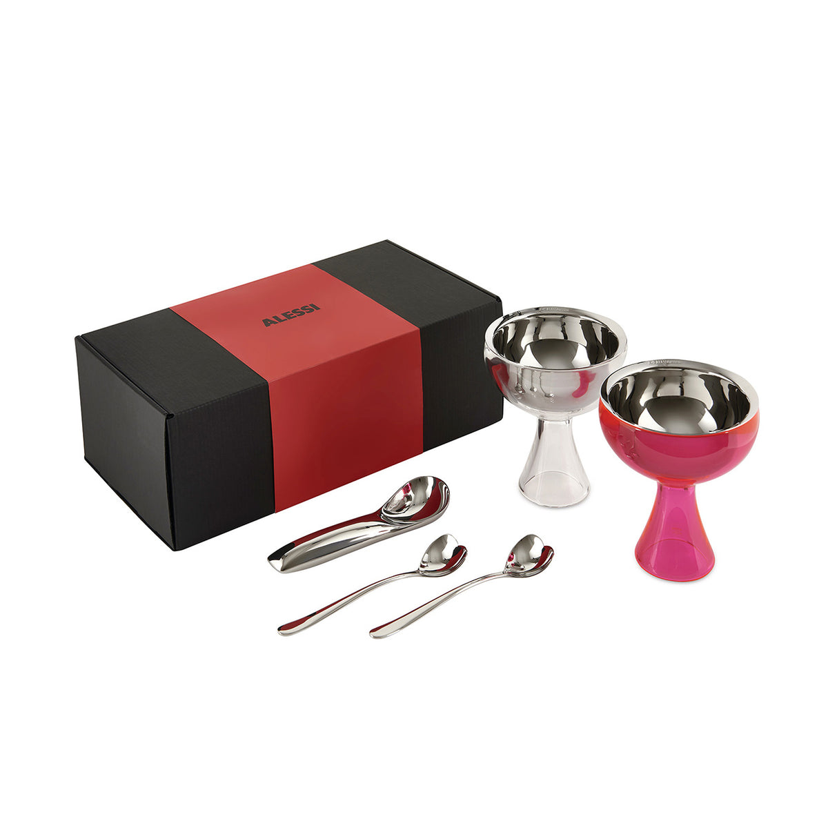Giftset Alessi Big Love met ijscoupe in fuchsia en helder, hartlepels en ijsschep in geschenkdoos
