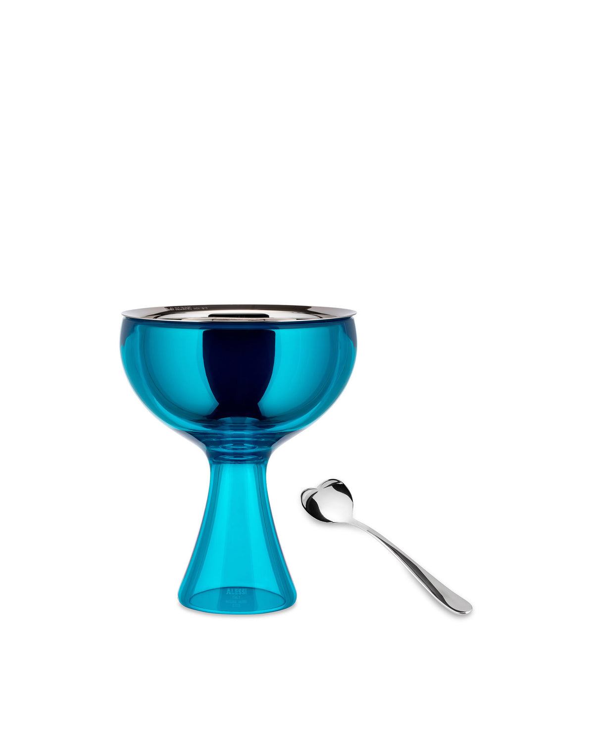 Alessi kommetje in azuurblauw met rvs inzet en hartvormige ijslepel