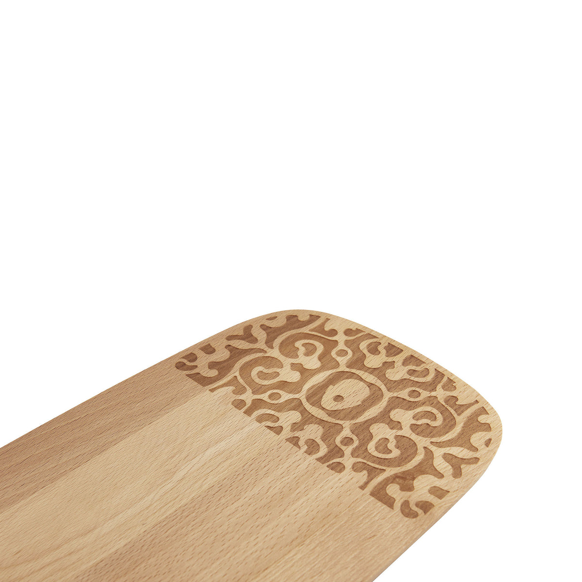 Detail of branded motif on Alessi DRESSED serving board in wood