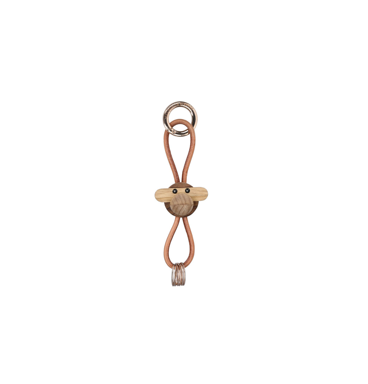 Sleutelhanger met apenkopje van hout, Kaj Bohesen, lichtbruin koord en gouden ring