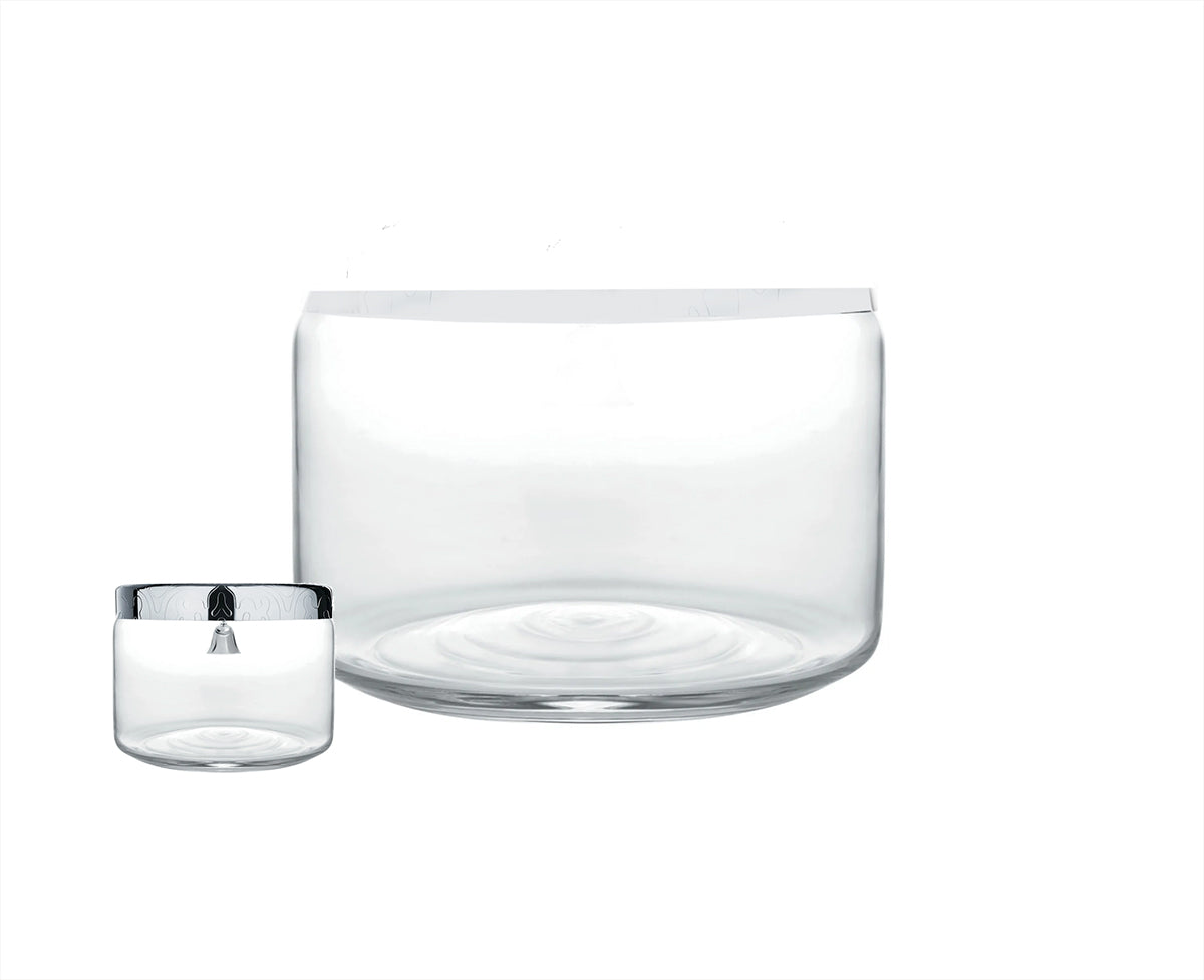 Alessi los glas voor koekjestrommel Dressed, met kleine trommel ter vergelijking