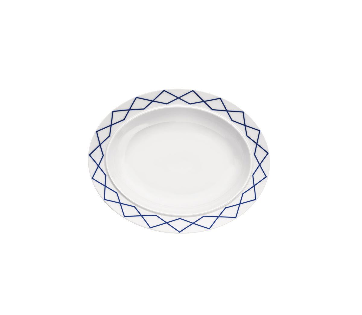 Alessi Ovale schaal, My Beautiful China, met brede witte manchet en blauwe geometrische decoratie, ontwerp Sottsass
