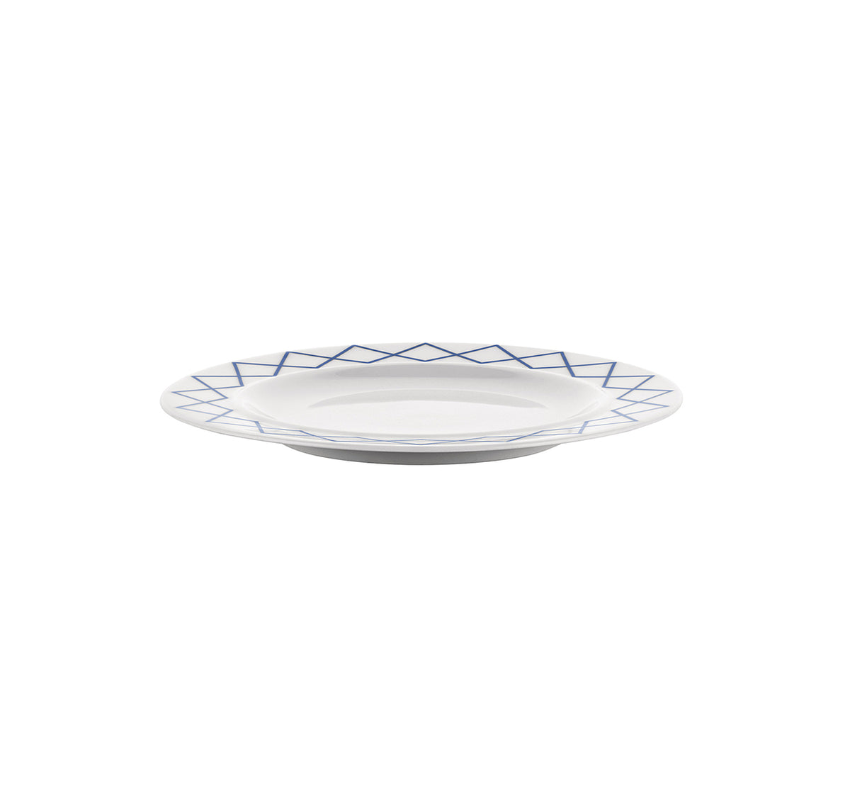 Zijaanzicht van het bord My Beautiful China van Alessi, wit met blauwe rand