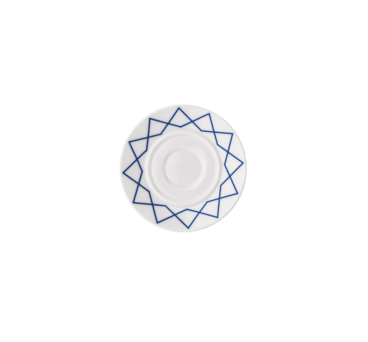 Groot schoteltje My Beautiful China van Alessi, ontwerp Sottsass, bovenaanzicht met blauwe rand