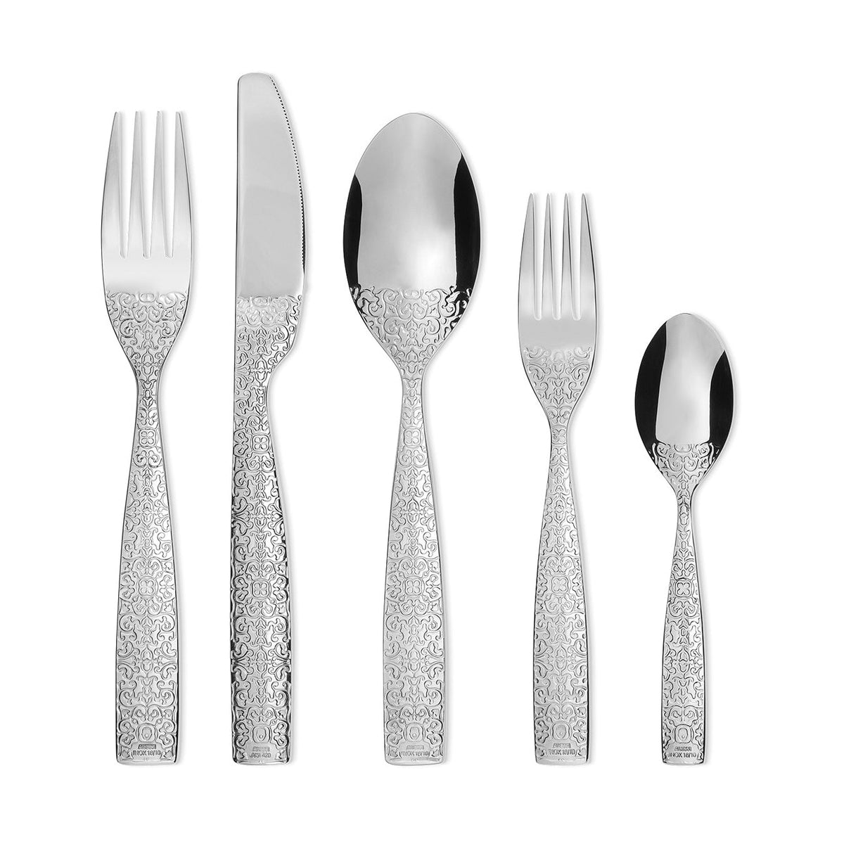 Alessi Dressed bestek van Marcel Wanders: vork, mes, lepel, dessertvork en theelepel, andere kant
