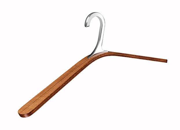 Flu clothes hanger, separate on white background, chrome hook and wide wooden spout