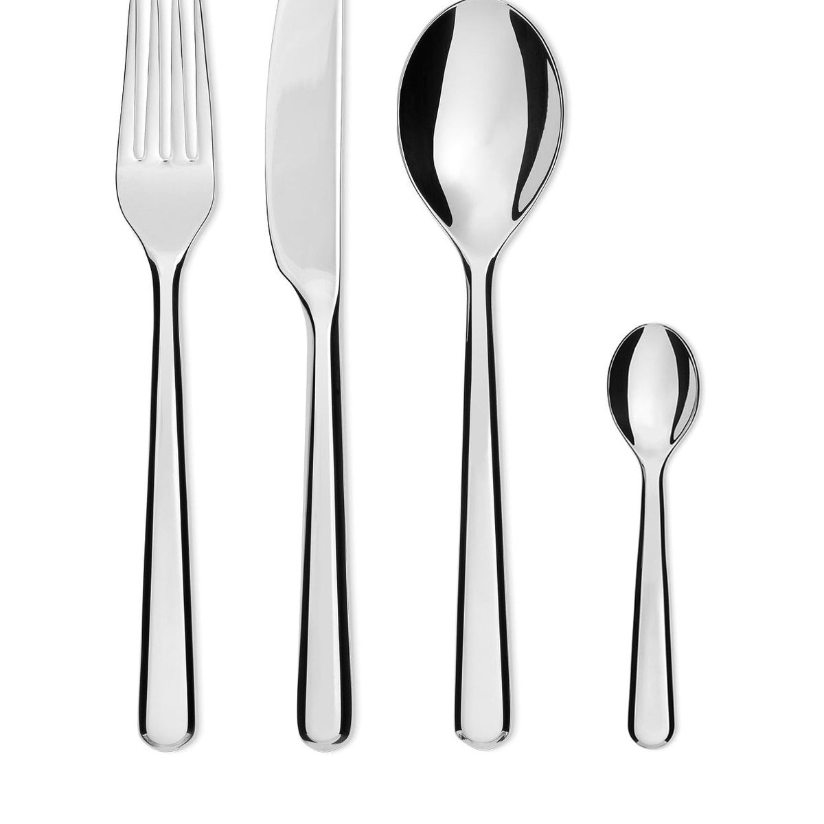 Amici bestekset van Alessi: lepel, vork, mes en koffielepel in 18/10 rvs