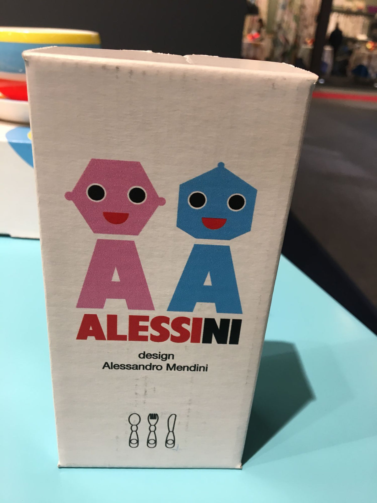 Alessi Alessini kinderbestek, verpakking met ontwerpernaam Alessandro Mendini