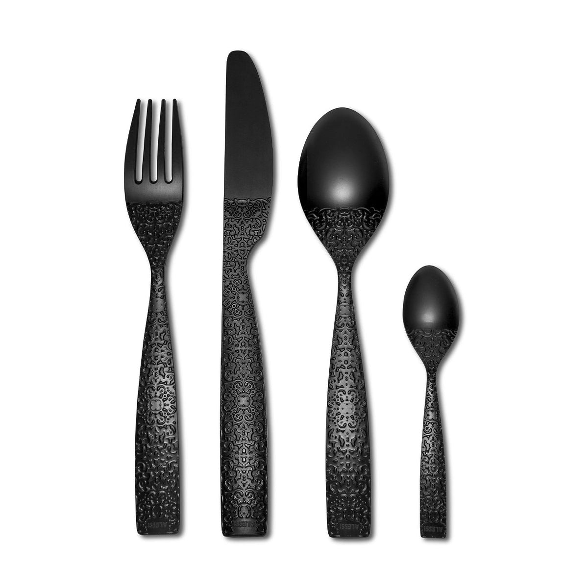 Alessi Dressed En Plein Air bestekset in zwart melamine, achterzijde met reliëfpatroon, andere kant