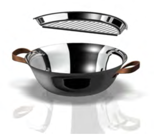 Wok EDO van Alessi met deksel en inlegrooster los van de wok getoond