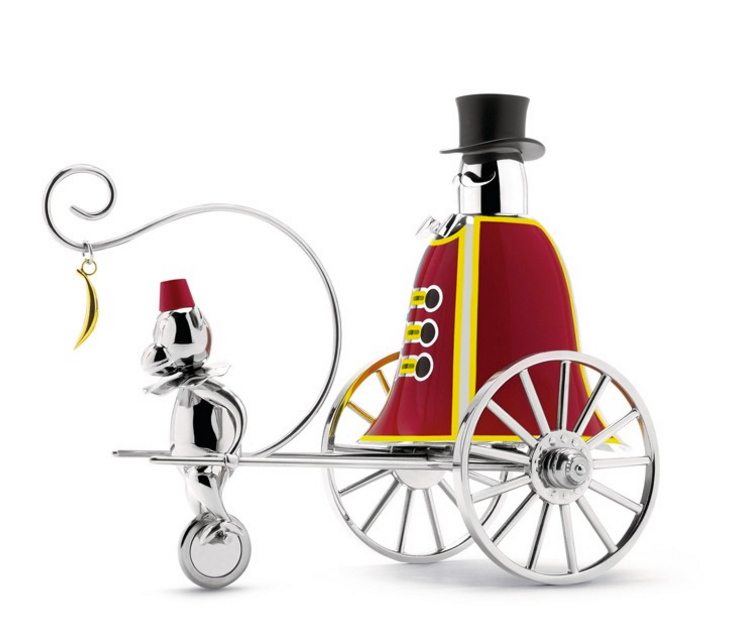 Alessi voorraad Circus, ringmeester op wielen, zilverkleurig met rood en gele details