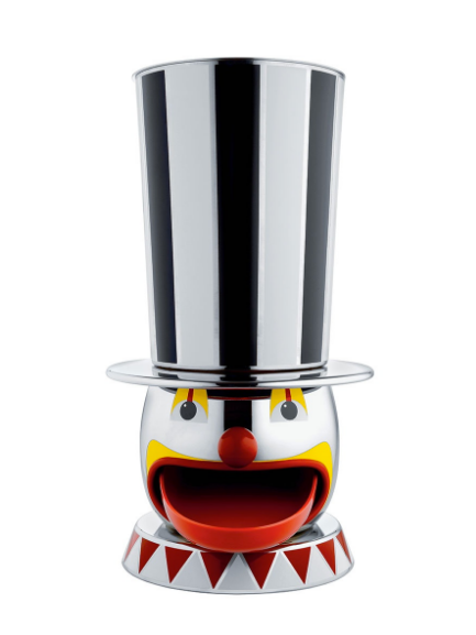 Alessi Candyman snoepbus in vorm van circusclown, met glanzende hoge hoed als deksel