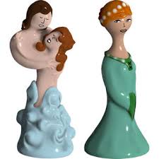 Alessi beeldjes Paolo e Francesca en Beatrice, in turquoise en groen