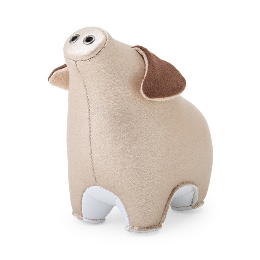 Zuny Pig Diya bookend in pearl gold faux leather with brown ears, at an angle from the front